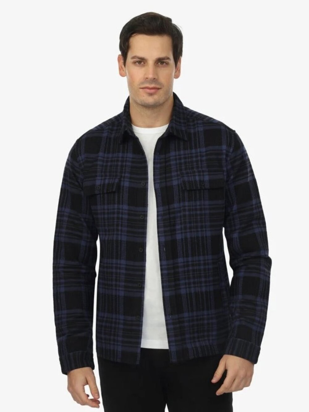 Vustra Navy/Black Plaid Organic Cotton Textured Shacket